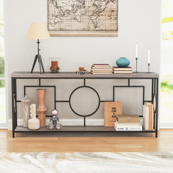 Costway Tavolo consolle moderno a 2 ripiani stile mid-century, Tavolo consolle stretto per ingresso con struttura in metallo Marrone rustico e nero