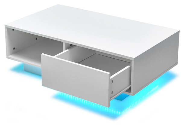 Costway Tavolino centrale moderno ad alta lucentezza con scomparto aperto e cassetto, Tavolino basso con luci e telecomando Bianco