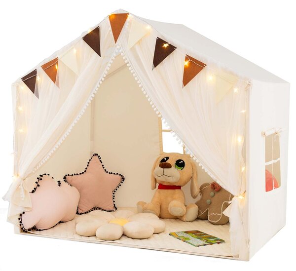 Costway Tenda da gioco per bambini con tende in tessuto e rete luci a stella materassino in cotone, Grande casa da gioco Beige