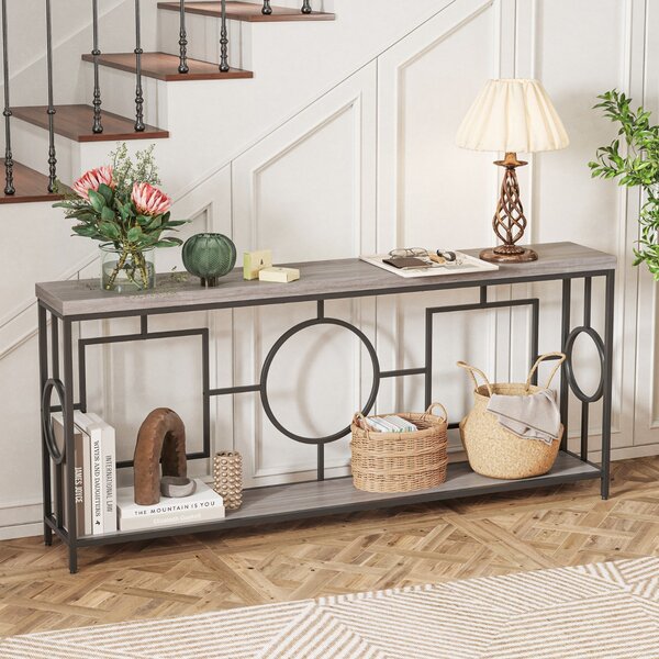 Costway Tavolo consolle moderno a 2 ripiani stile mid-century, Tavolo consolle stretto per ingresso con struttura in metallo Marrone rustico e nero