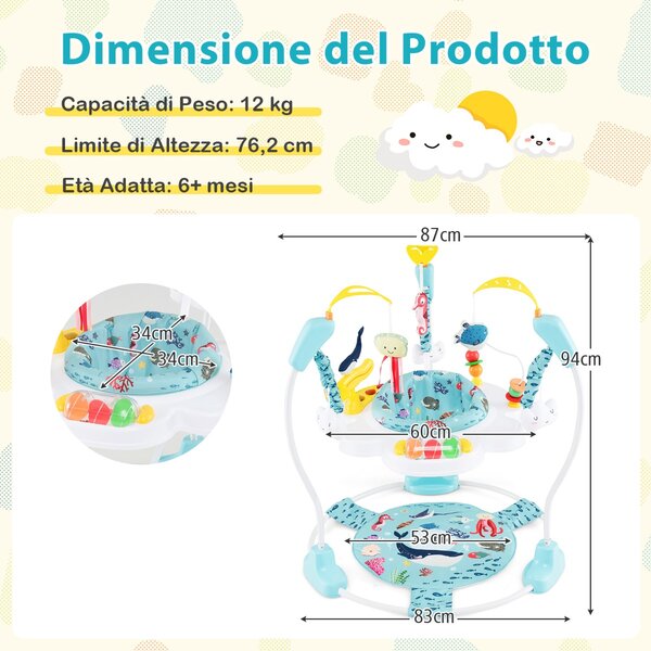 Costway Centro attività per neonati con giocattoli interattivi vassoio musicale, Trottola per bambini regolabile in altezza Azzurro