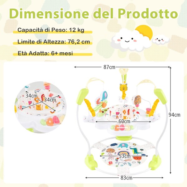 Costway Centro attività per neonati con giocattoli interattivi vassoio musicale, Trottola per bambini regolabile in altezza Giallo