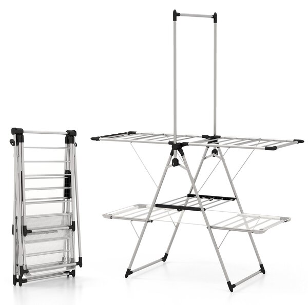 Costway Stendibiancheria pieghevole con barra alta per appendere ala regolabile in altezza, Stendino in acciaio 138x63x182cm