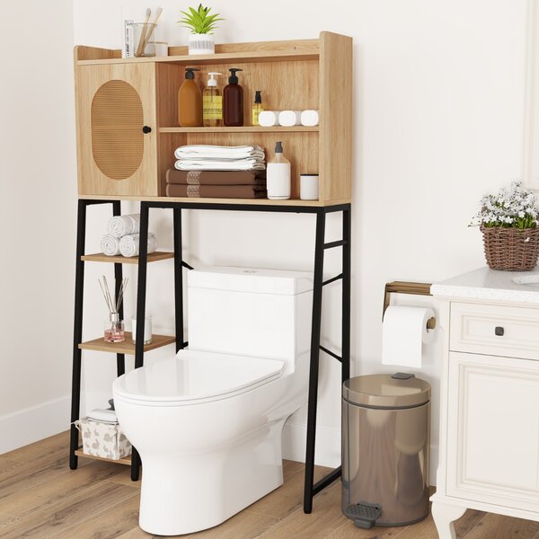 Costway Mobile sopra il WC con porta in rattan ripiani di stoccaggio aperti, Organizzatore per bagno in metallo Naturale