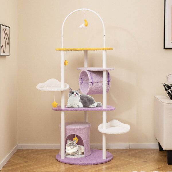 Costway Albero per gatti multi-livello carino con struttura in metallo trespolo superiore, Torre per gatti alta 158cm Viola