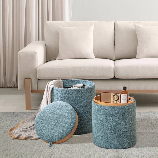Costway Set di 2 pouf rotondi con vassoio reversibile e stoccaggio nascosto, Pouf contenitore imbottito multifunzionale Blu