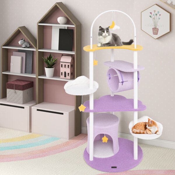 Costway Albero per gatti multi-livello carino con struttura in metallo trespolo superiore, Torre per gatti alta 158cm Viola
