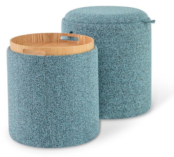 Costway Set di 2 pouf rotondi con vassoio reversibile e stoccaggio nascosto, Pouf contenitore imbottito multifunzionale Blu