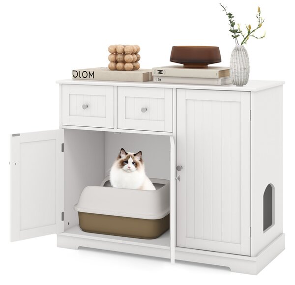Costway Mobile per lettiera per gatti con 2 cassetti 3 porte dispositivi anti-ribaltamento, Mobile laterale per gatti nascosto Bianco