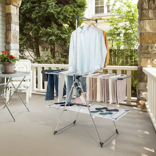Costway Stendibiancheria pieghevole con barra alta per appendere ala regolabile in altezza, Stendino in acciaio 138x63x182cm