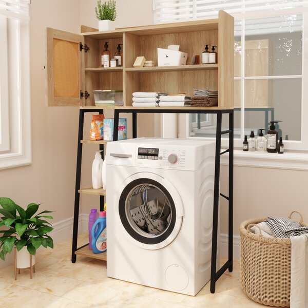 Costway Mobile sopra il WC con porta in rattan ripiani di stoccaggio aperti, Organizzatore per bagno in metallo Naturale