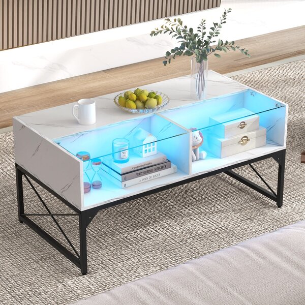Costway Tavolino basso con luci LED regolabili e 4 cubi di stoccaggio, Tavolino da salotto moderno con elecomando Bianco