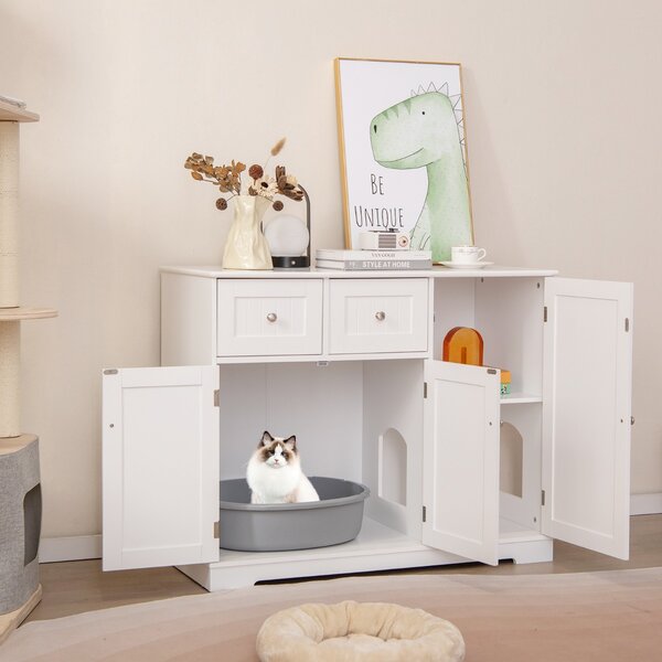 Costway Mobile per lettiera per gatti con 2 cassetti 3 porte dispositivi anti-ribaltamento, Mobile laterale per gatti nascosto Bianco