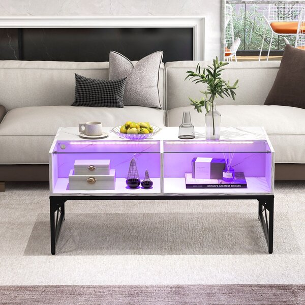 Costway Tavolino basso con luci LED regolabili e 4 cubi di stoccaggio, Tavolino da salotto moderno con elecomando Bianco