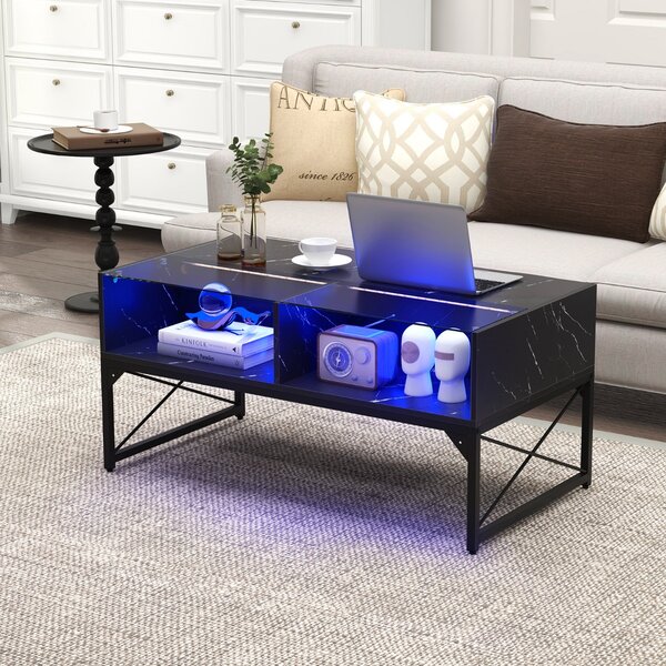 Costway Tavolino basso con luci LED regolabili e 4 cubi di stoccaggio, Tavolino da salotto moderno con elecomando Nero