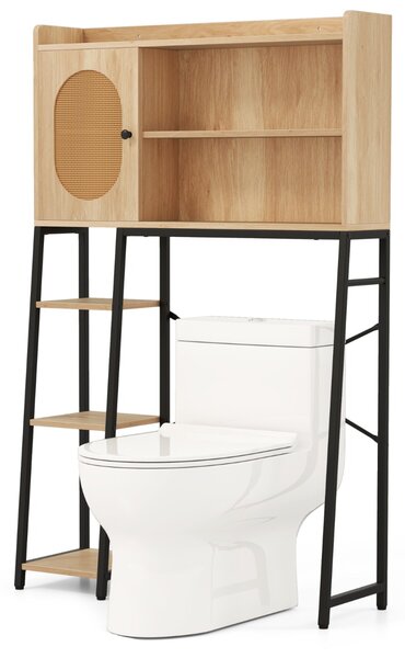 Costway Mobile sopra il WC con porta in rattan ripiani di stoccaggio aperti, Organizzatore per bagno in metallo Naturale