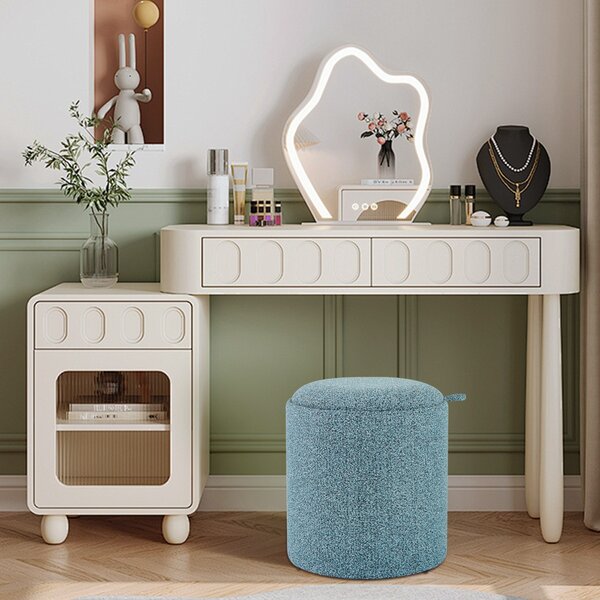 Costway Set di 2 pouf rotondi con vassoio reversibile e stoccaggio nascosto, Pouf contenitore imbottito multifunzionale Blu