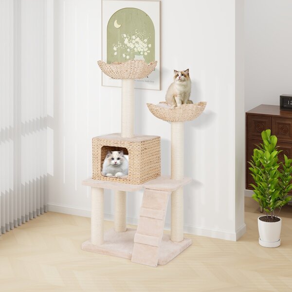 Costway Albero per gatti con posti per graffiare in sisal trespolo condo letto scala cuscini lavabili, Torre cattail da 122cm Beige