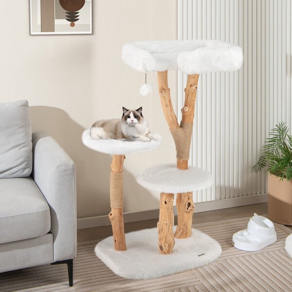 Costway Albero per gatti in legno alto 110cm con piattaforma pali in corda di juta, Torre per gatti in peluche lunga Bianco