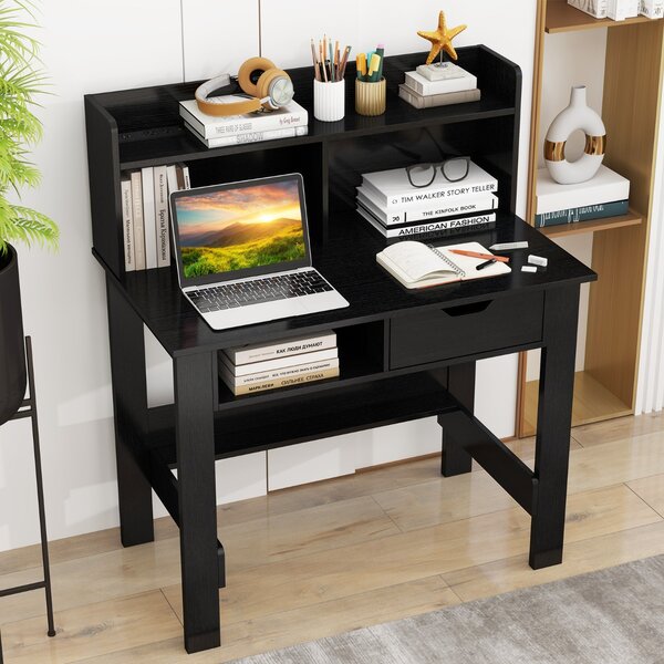 Costway Scrivania per computer con prese di corrente e porte USB e tipo C, Scrivania da studio con ripiano superiore per casa Nero