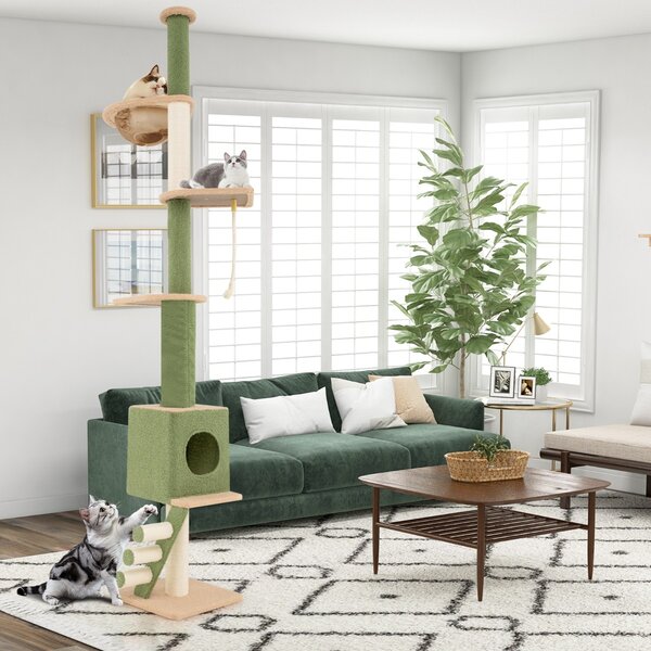 Costway Albero per gatti da pavimento a soffitto con altezza regolabile 218-253cm, Centro attività con 5 livelli per gatti Verde