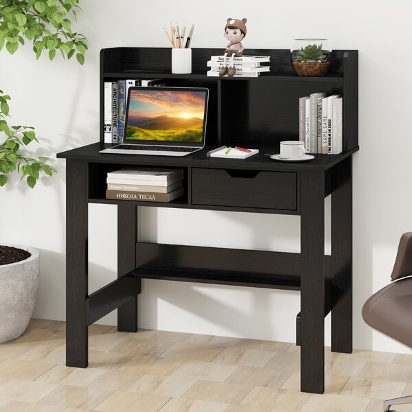 Costway Scrivania per computer con prese di corrente e porte USB e tipo C, Scrivania da studio con ripiano superiore per casa Nero