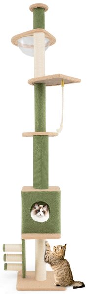 Costway Albero per gatti da pavimento a soffitto con altezza regolabile 218-253cm, Centro attività con 5 livelli per gatti Verde
