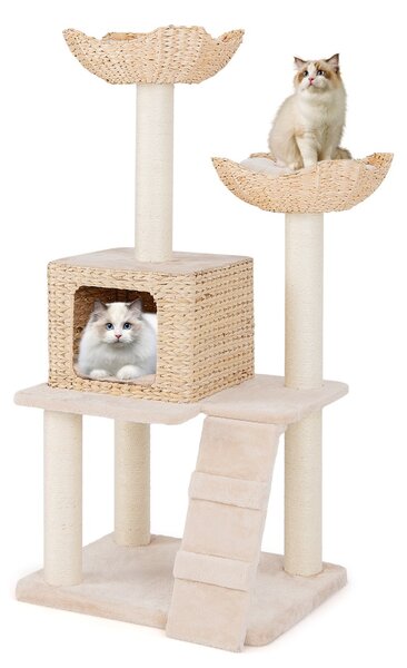Costway Albero per gatti con posti per graffiare in sisal trespolo condo letto scala cuscini lavabili, Torre cattail da 122cm Beige
