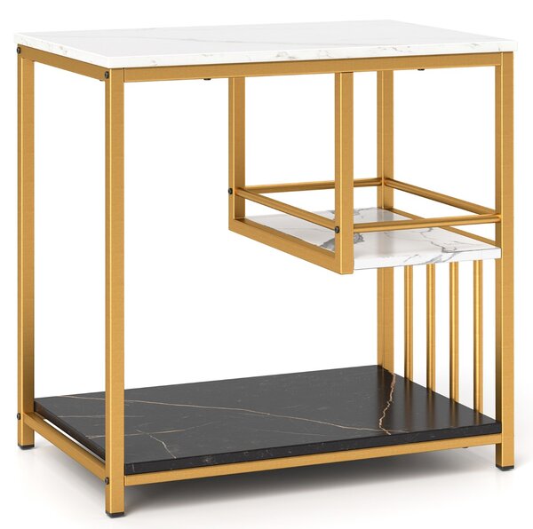 Costway Tavolino consolle 60cm con 3 ripiani in marmo finto e struttura in metallo, Tavolino laterale per soggiorno Bianco