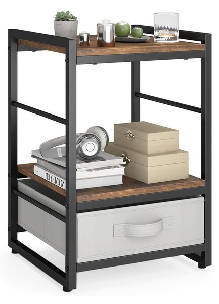 Costway Comodino con mensola aperta cassetto in tessuto struttura in metallo, Tavolino industriale da comodino da 40cm Marrone