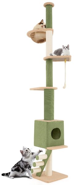 Costway Albero per gatti da pavimento a soffitto con altezza regolabile 218-253cm, Centro attività con 5 livelli per gatti Verde