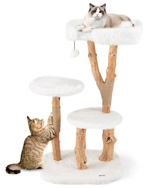 Costway Albero per gatti in legno alto 110cm con piattaforma pali in corda di juta, Torre per gatti in peluche lunga Bianco