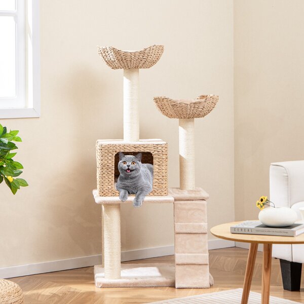 Costway Albero per gatti con posti per graffiare in sisal trespolo condo letto scala cuscini lavabili, Torre cattail da 122cm Beige