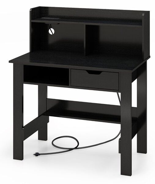 Costway Scrivania per computer con prese di corrente e porte USB e tipo C, Scrivania da studio con ripiano superiore per casa Nero