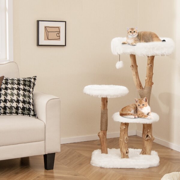 Costway Albero per gatti in legno alto 110cm con piattaforma pali in corda di juta, Torre per gatti in peluche lunga Bianco