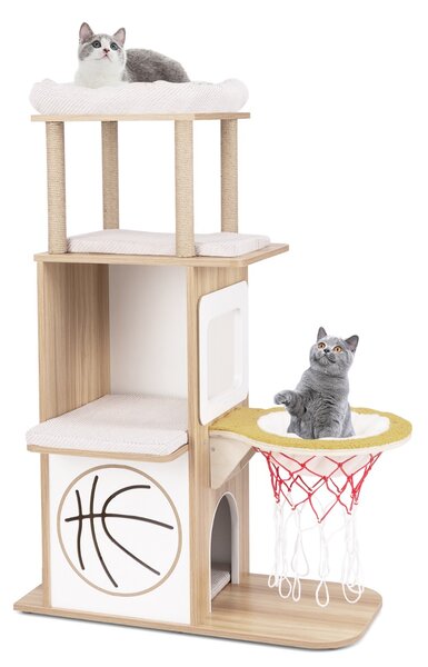 Costway Albero per gatti in legno con 2 posatoi amaca posti per graffiare in sisal, Torre per gatti a tema sportivo di 120cm Naturale