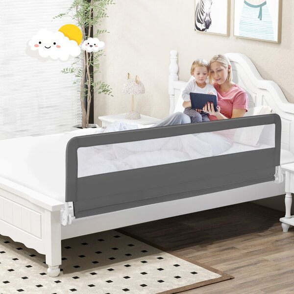 Costway Barriera letto per bambini di 180 cm con rete traspirante, Sponda di sicurezza pieghevole con barra metallica Grigio