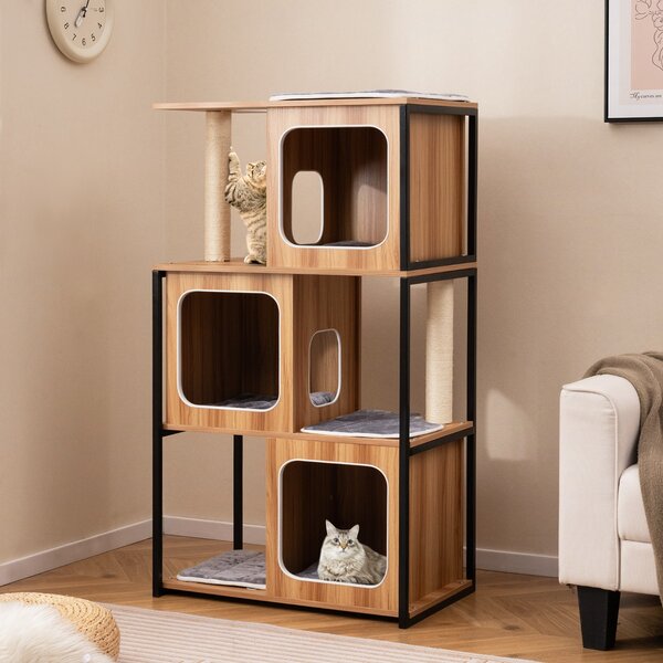 Costway Albero per gatti moderno con tiragraffi da interno, Torre per gatti multi-livello con struttura in metallo Naturale