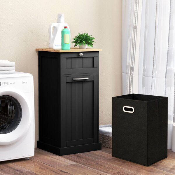 Costway Mobiletto per lavanderia con cesto, Cesto per biancheria a ribalta autoportante con cassetto 40x37x82cm Nero