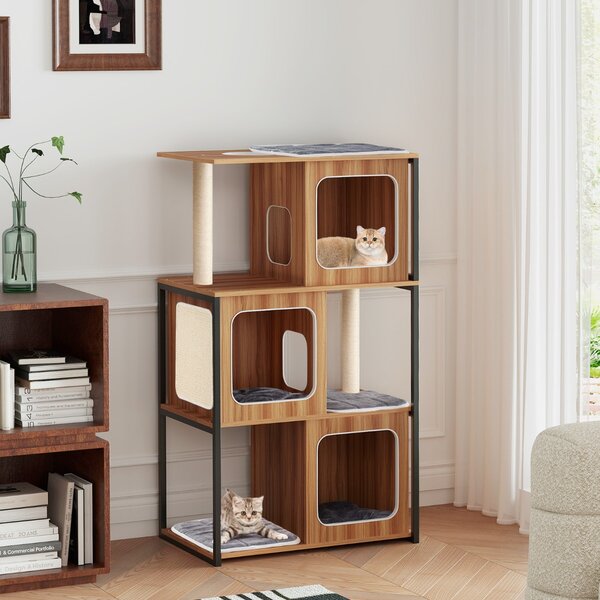 Costway Albero per gatti moderno con tiragraffi da interno, Torre per gatti multi-livello con struttura in metallo Naturale