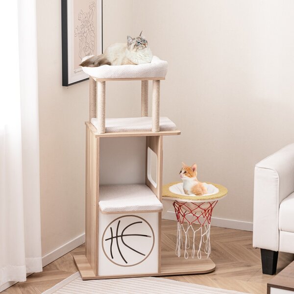 Costway Albero per gatti in legno con 2 posatoi amaca posti per graffiare in sisal, Torre per gatti a tema sportivo di 120cm Naturale