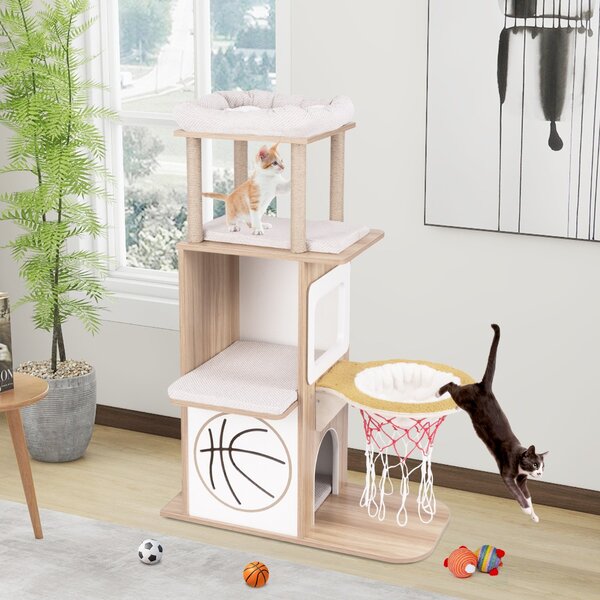 Costway Albero per gatti in legno con 2 posatoi amaca posti per graffiare in sisal, Torre per gatti a tema sportivo di 120cm Naturale