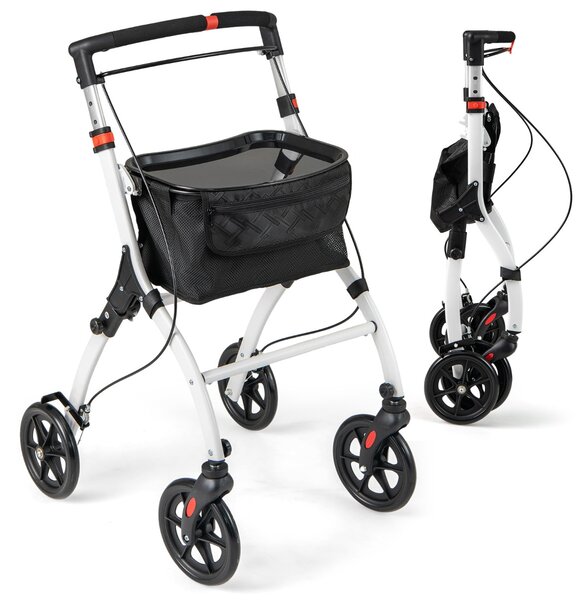 Costway Rollator per anziani con vassoio cesto per la spesa 4 ruote e freni, Deambulatore pieghevole regolabile in altezza Bianco e nero