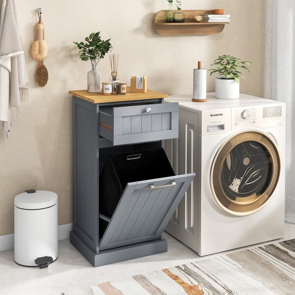 Costway Mobiletto per lavanderia con cesto, Cesto per biancheria a ribalta autoportante con cassetto 40x37x82cm Grigio