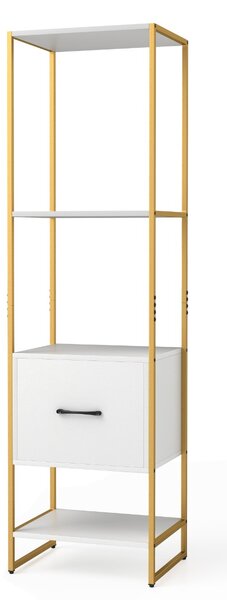 Costway Scaffale a 5 ripiani con cassetto e struttura in metallo, Organizzatore di stoccaggio a ripiani per soggiorno Bianco