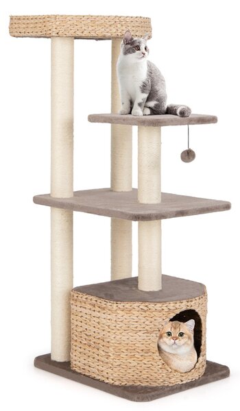 Costway Albero per gatti con posti per graffiare in sisal trespolo condo pallina pendente, Torre cattail da 131cm per arrampicata Caffè