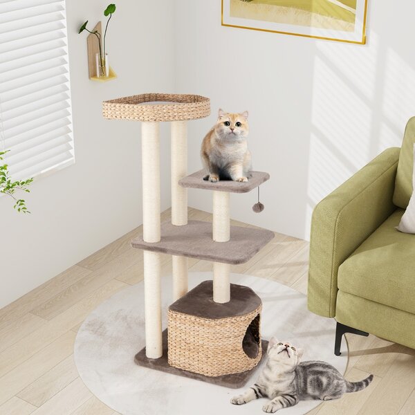 Costway Albero per gatti con posti per graffiare in sisal trespolo condo pallina pendente, Torre cattail da 131cm per arrampicata Caffè