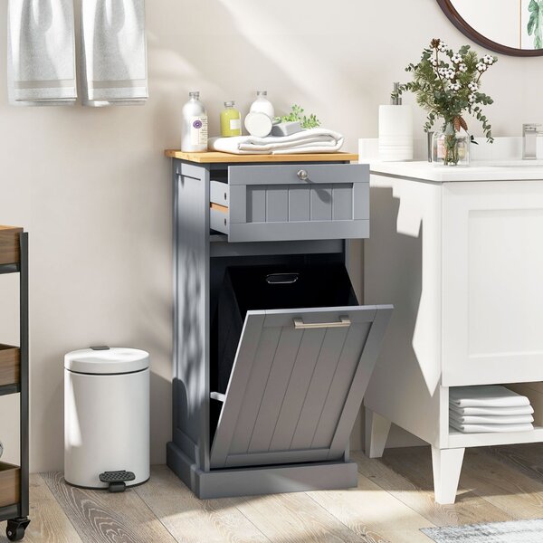 Costway Mobiletto per lavanderia con cesto, Cesto per biancheria a ribalta autoportante con cassetto 40x37x82cm Grigio