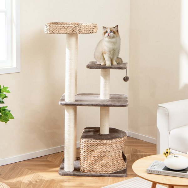 Costway Albero per gatti con posti per graffiare in sisal trespolo condo pallina pendente, Torre cattail da 131cm per arrampicata Caffè