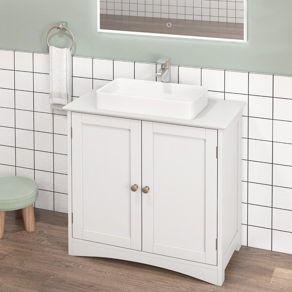 Costway Mobiletto sotto lavabo a terra con 2 porte e ritaglio a U, Organizzatore moderno per lavabo salvaspazio Bianco